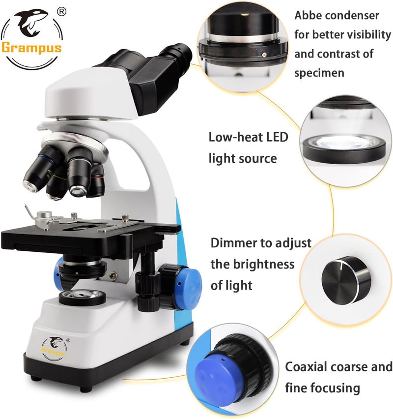 Grampus Professional Compound Binocular Microscope, WF10X WF25X Eyepieces, 40X-2500X Magnification, LED Illumination, Abbe Condenser, Double-Layer Mechanical Stage with Caliper - Image 3